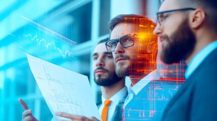 Three professionals analyze data and blueprints, with digital graphs and futuristic interface elements overlaying the scene.