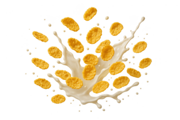 Crispy corn flakes with milk splash on transparent background, breakfast cereal