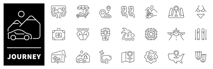 Journey icon set. Thin line icons set related to journey and travel. Journey web icons in line style. Collection of journey related outline icons