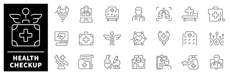 Health checkup icon set. Thin line icons set related to health checkup and health care. Health checkup web icons in line style.