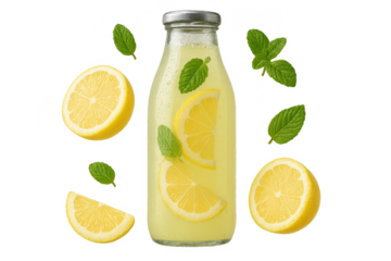 Refreshing lemonade bottle with lemon slices isolated on a transparent background
