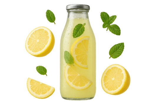 Refreshing lemonade bottle with lemon slices isolated on a transparent background