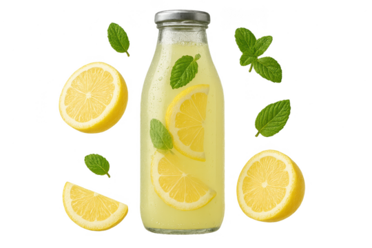 Refreshing lemonade bottle with lemon slices isolated on a transparent background