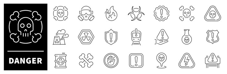 Danger elements collection. Danger vector icons in line style. Thin line icons related to dangerous and hazard