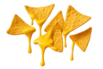 Golden nachos with dripping cheese isolated on transparent background, tasty