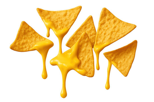 Golden nachos with dripping cheese isolated on transparent background, tasty