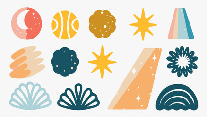 Collection of whimsical shapes including moon, stars, rainbow, and floral elements in pastel colors