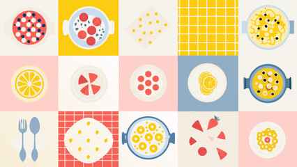 Overhead view of colorful food and kitchenware arrangements in a grid pattern with various backgrounds