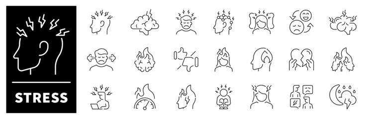 Stress vector icons collection. Thin line icons related to stress and anxiety. Stress vector icons in line style