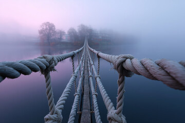 Fototapeta premium Misty Rope Bridge Over Calm Lake at Dawn with Foggy Landscape