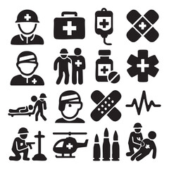 Black and White War Medic Icons Soldiers Supplies and Medical Care.