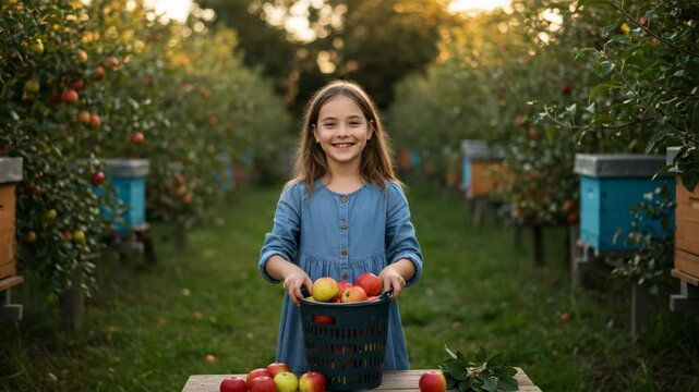 Young girl smiling while holding basket of apples in orchard  
