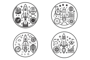 Vector illustrations of rocket ships in circular designs representing various startup concepts