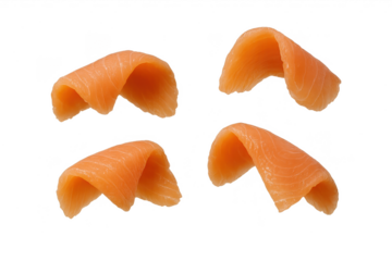 Four slices of fresh salmon fillet isolated on transparent background, raw fish