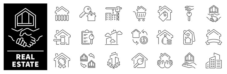 Real estate vector icons. Thin line icons related to real estate and property. Real estate vector icons in line style