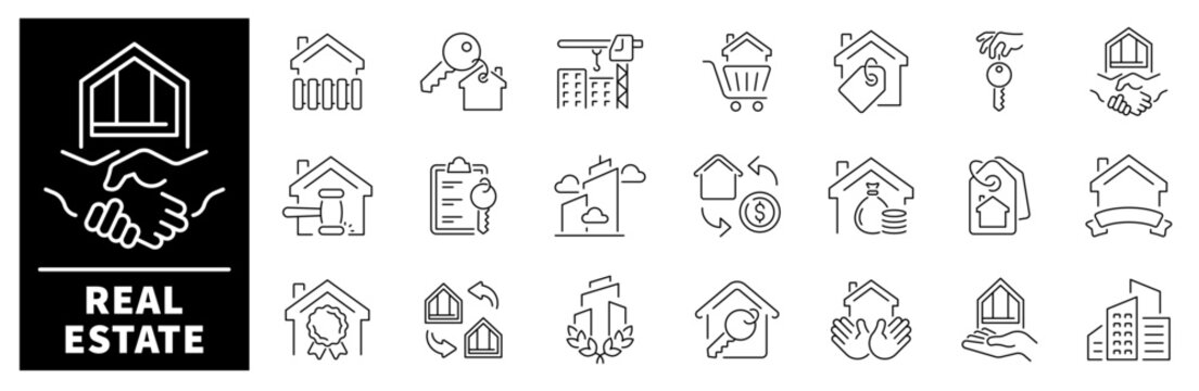 Real estate vector icons. Thin line icons related to real estate and property. Real estate vector icons in line style