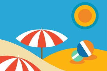 A vibrant vector illustration of a sunny summer beach with an umbrella, sea, and sand, perfect for a relaxing tropical vacation