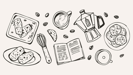 Hand drawn illustration of coffee beans, cookies, and cooking utensils on a white background