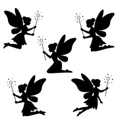 Silhouettes of fairies with wands in various poses
