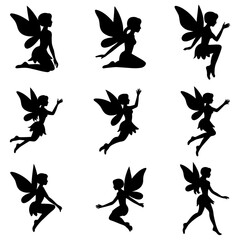 Silhouettes of fairies with wings in various poses