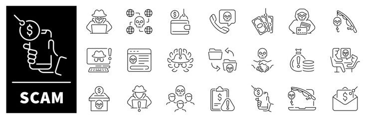 Scam vector icons. Thin line icons collection related to Scam. Scam and fraud linear icon collection.