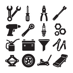 Silhouetted Automotive Tools and Equipment for Vehicle Maintenance and Repair.
