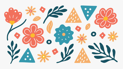 Illustration of a collection of floral and geometric elements on a white background in a flat design style