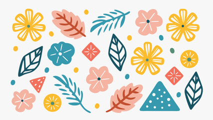 Colorful floral and geometric pattern featuring flowers leaves and geometric shapes on a white background