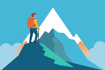 Businessman achieves success atop a mountain, a concept of financial goal achievement