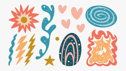 Collection of colorful abstract shapes including a star a spiral and hearts on a white background