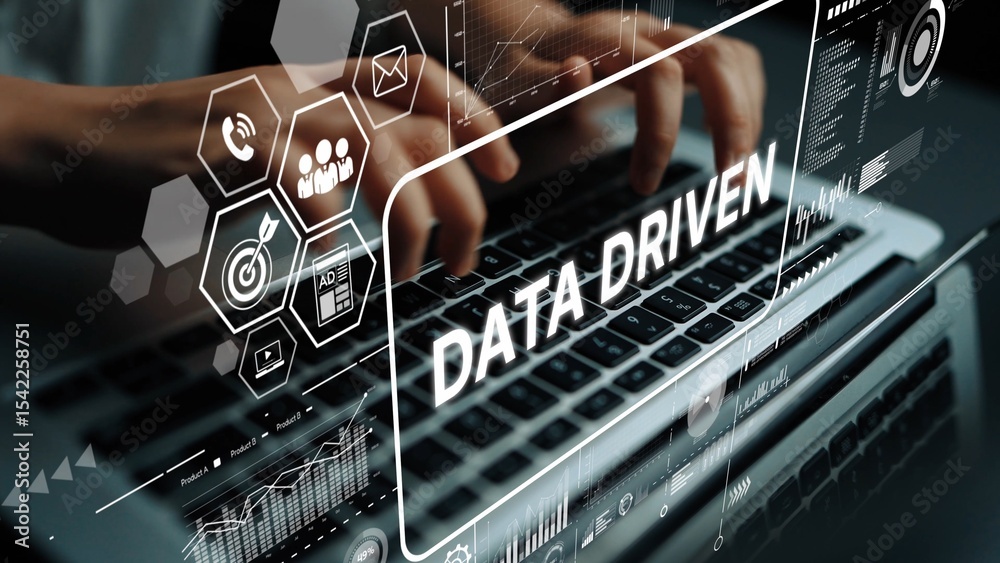 Poster data driven technology concept with hands typing on laptop and digital screen displaying analytical 