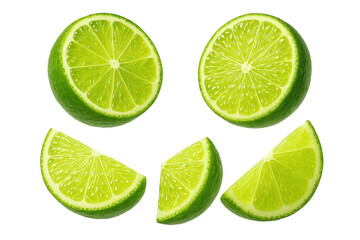 Fresh green lime slices arrangement isolated on a transparent backdrop, vibrant