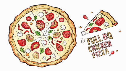 A full bbq chicken pizza with sliced tomatoes mushrooms basil and peppers next to a single pizza slice