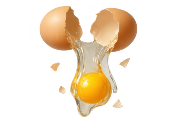 Cracked egg isolated on transparent background, golden yolk, falling pieces