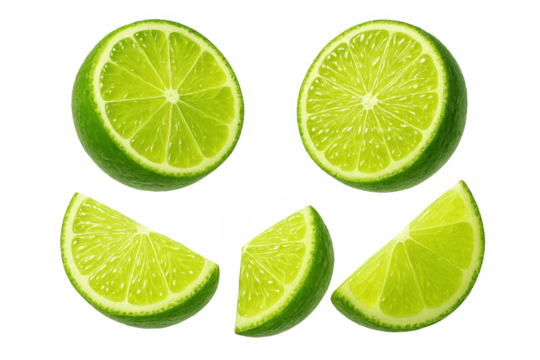 Fresh green lime slices arrangement isolated on a transparent backdrop, vibrant