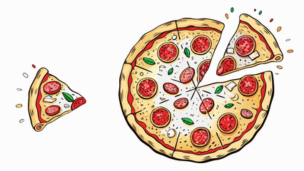 A whole pizza with a slice being removed and another slice on the side with basil and pepperoni