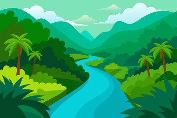 Mountain landscape with a winding river flowing through green fields under a vast sky, dotted with trees and fluffy clouds