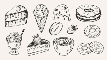 Illustration of various dessert items including cake slices, ice cream, donuts, and a bowl of cream