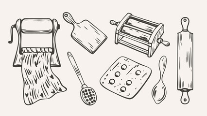 Illustration of kitchen tools including pasta maker, cutting board, rolling pin and spoon drawing style