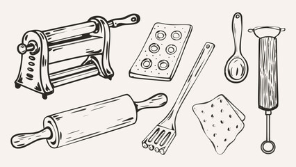 Illustration of a pasta maker, rolling pin, spatula, spoon, peeler, cookie sheet, and cracker sketch style