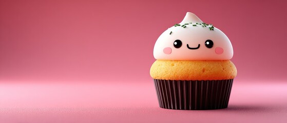 Cute cartoon cupcake on pink background