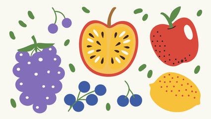 Illustration of various fruits including apples berries lemon and passion fruit scattered with green leaves