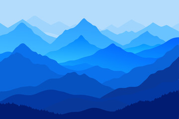 Naklejka premium Misty blue mountain peaks at sunrise with a cloud-filled valley