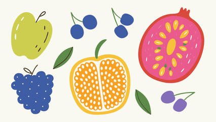 Illustration of various fruits including apple, berries, orange slice, and pomegranate section art