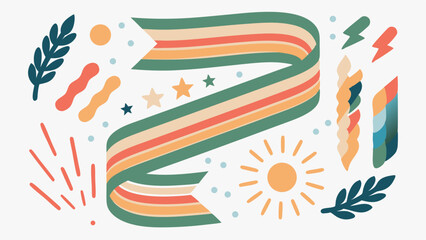 Illustration of a colorful ribbon with stars, sun, leaves, and abstract shapes on a white background