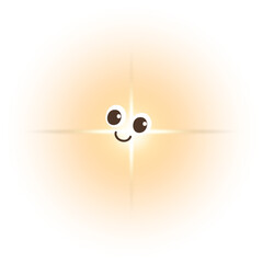 A cartoon firefly with big eyes, a cheerful smile and a yellow body decorated with a glow.