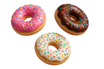 Three delicious donuts with colorful sprinkles isolated on transparent background