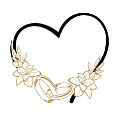 Wedding Traditional Heart Shaped Wedding Rings Frame with Gold Lilies. Floral Wedding Invitation Frame
