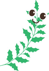 A cartoon branch with big eyes, a cheerful smile and a green body decorated with green leaves.