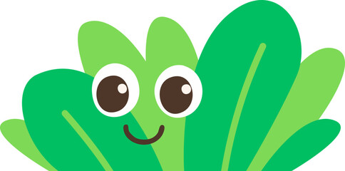 A cartoon bush with big eyes, a cheerful smile and a green body decorated with green leaves.